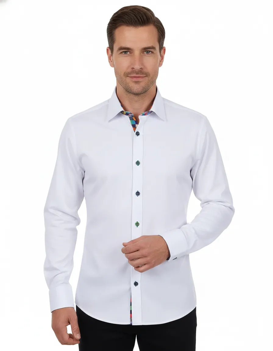 White Dress Shirt with Colorful Inner Collar and Cuff Detail-Makrom