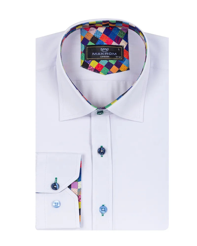 White Dress Shirt with Colorful Inner Collar and Cuff Detail-Makrom