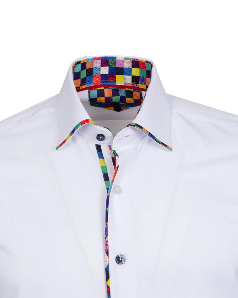 White Fashion Shirt with Multicolour Collar Tip Design-Makrom