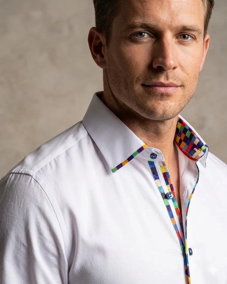 White Fashion Shirt with Multicolour Collar Tip Design