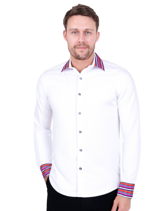 White Fashion Shirt with Stripe Collar Tip Design-Makrom