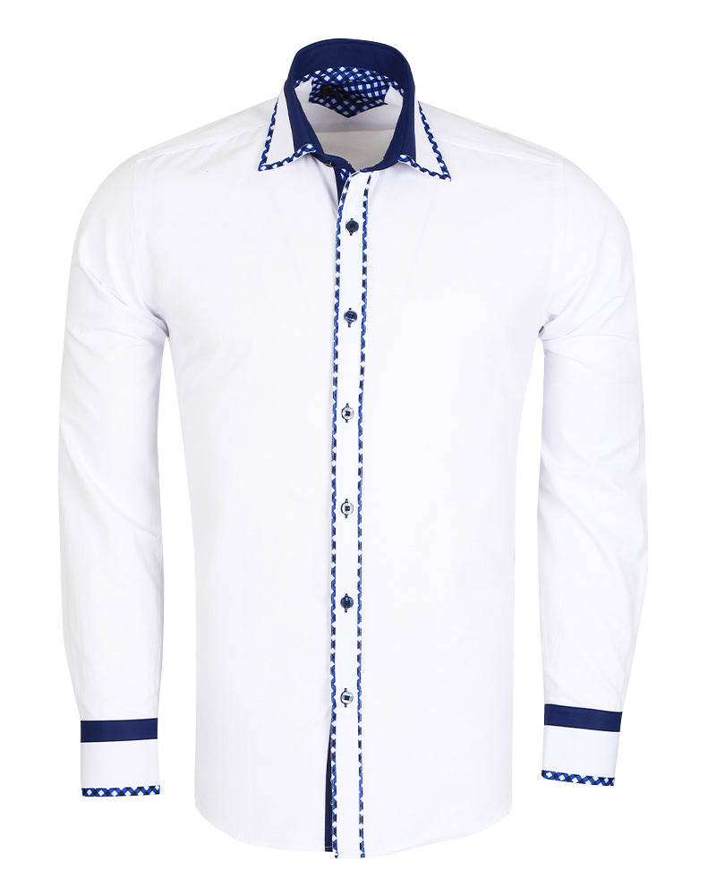 White Fashion Shirt with Stripe & Tartan Collar Tip Design-Makrom