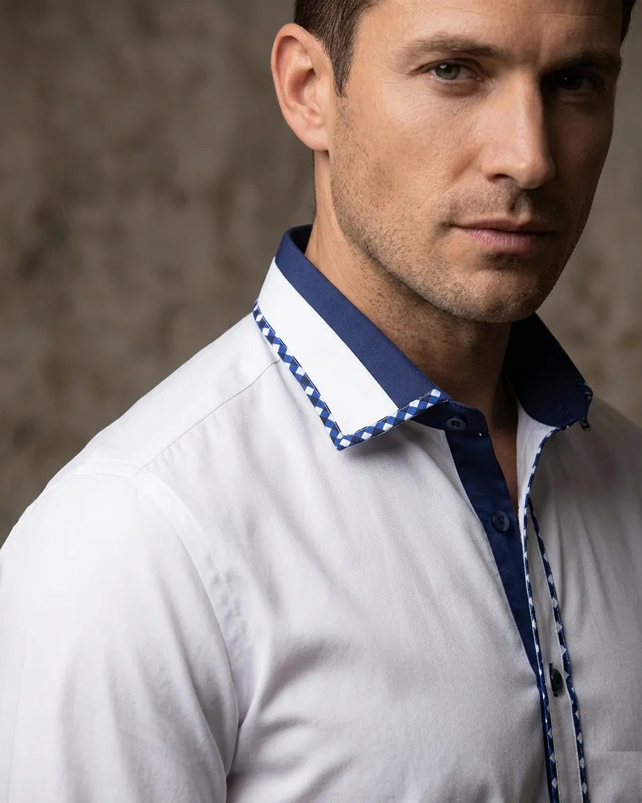 White Fashion Shirt with Stripe & Tartan Collar Tip Design