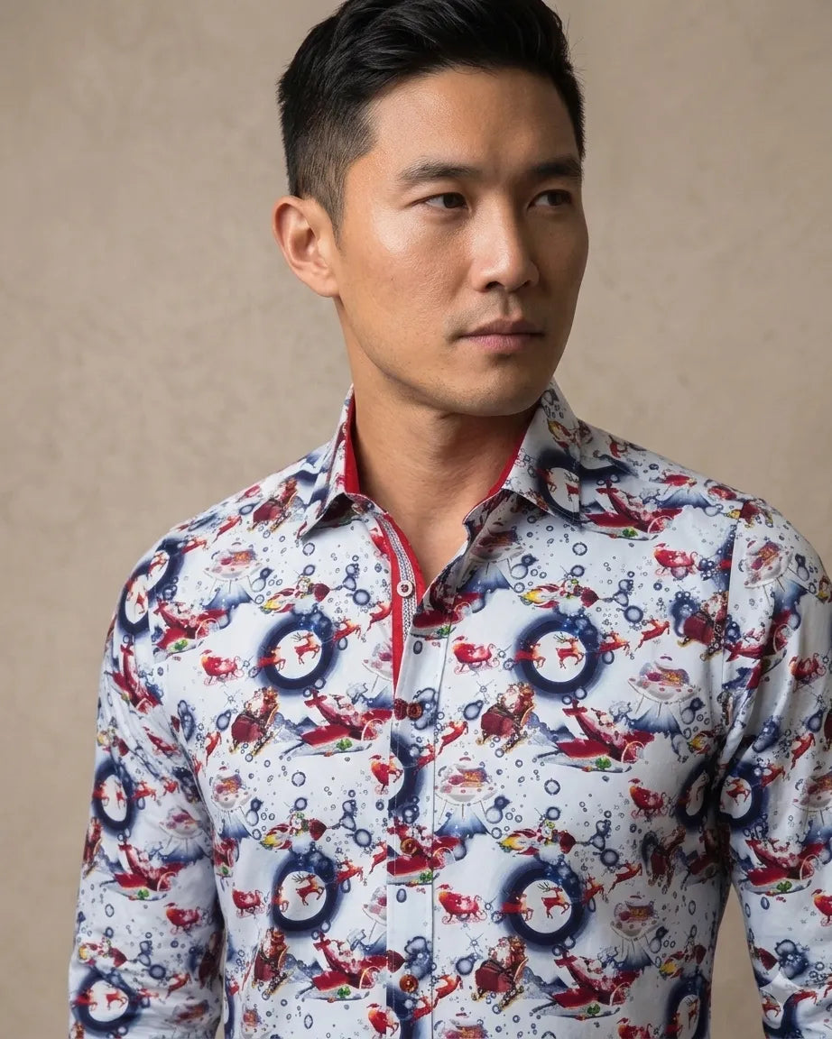 White Festive Santa Print Shirt with Matching Handkerchief-Makrom