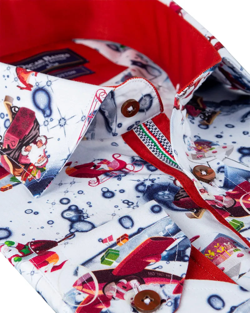 White Festive Santa Print Shirt with Matching Handkerchief-Makrom