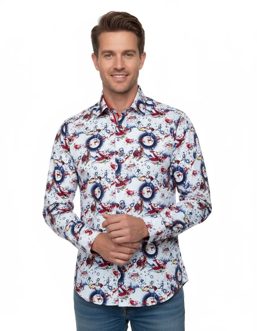 White Festive Santa Print Shirt with Matching Handkerchief-Makrom
