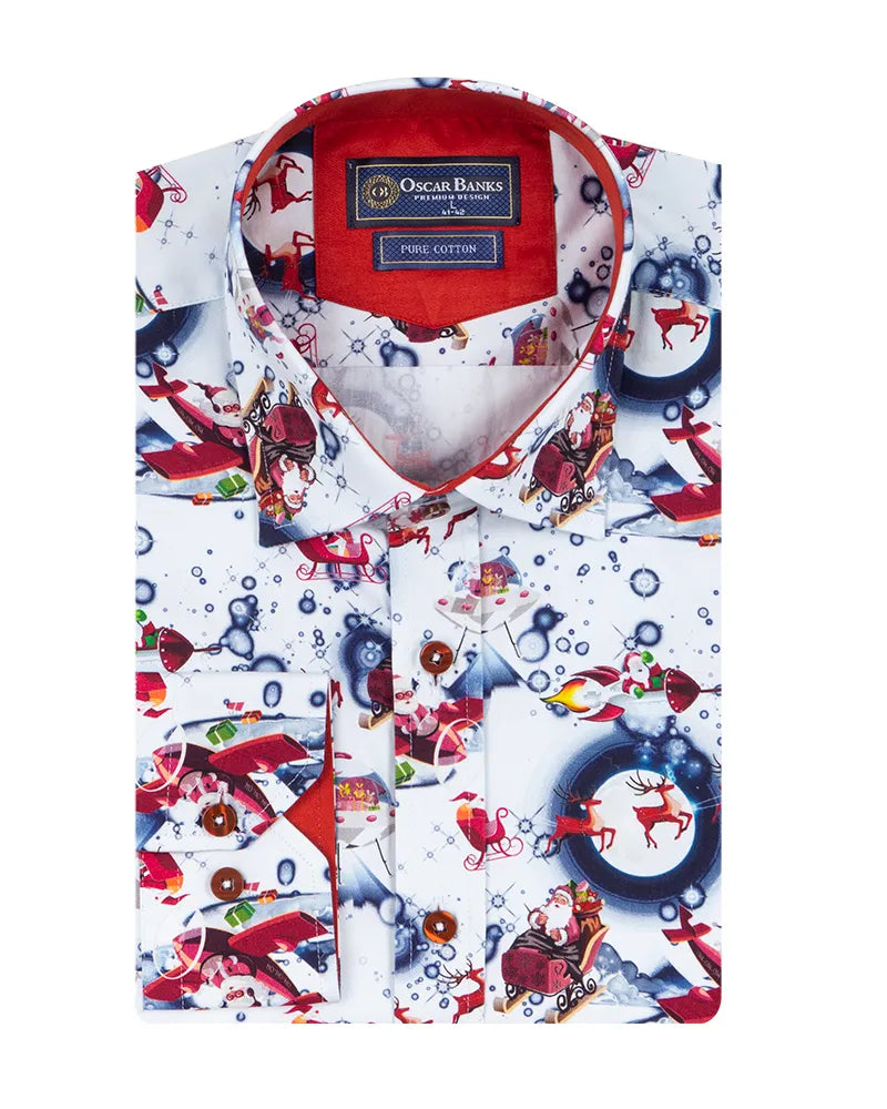 White Festive Santa Print Shirt with Matching Handkerchief-Makrom