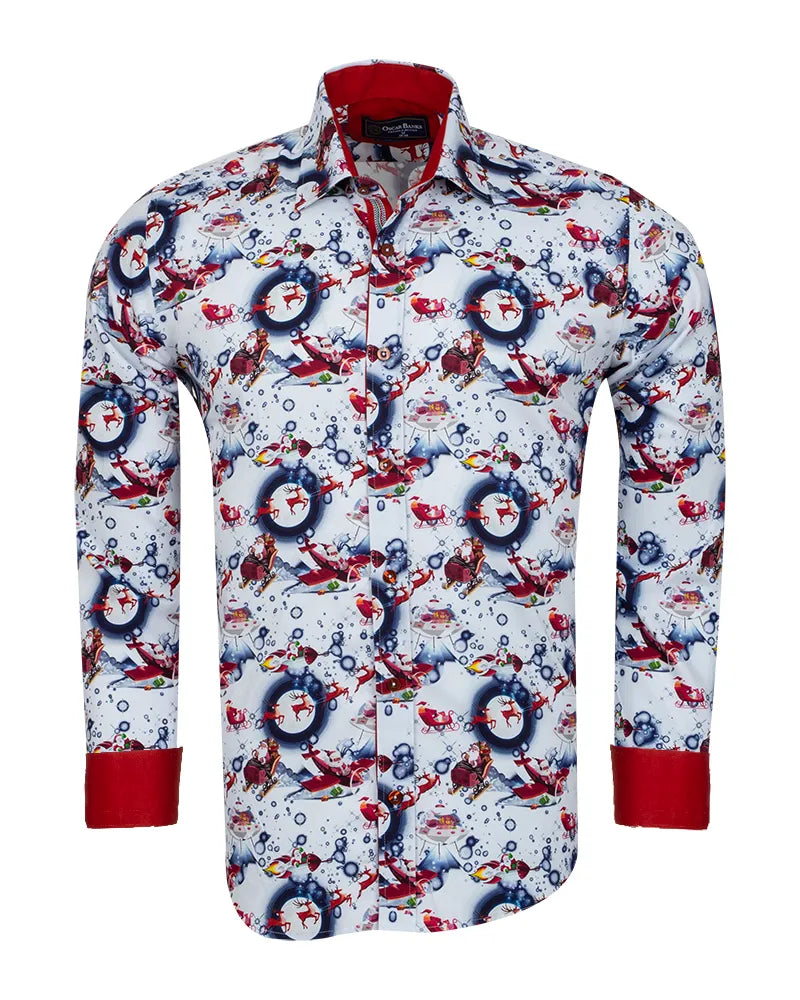 White Festive Santa Print Shirt with Matching Handkerchief-Makrom