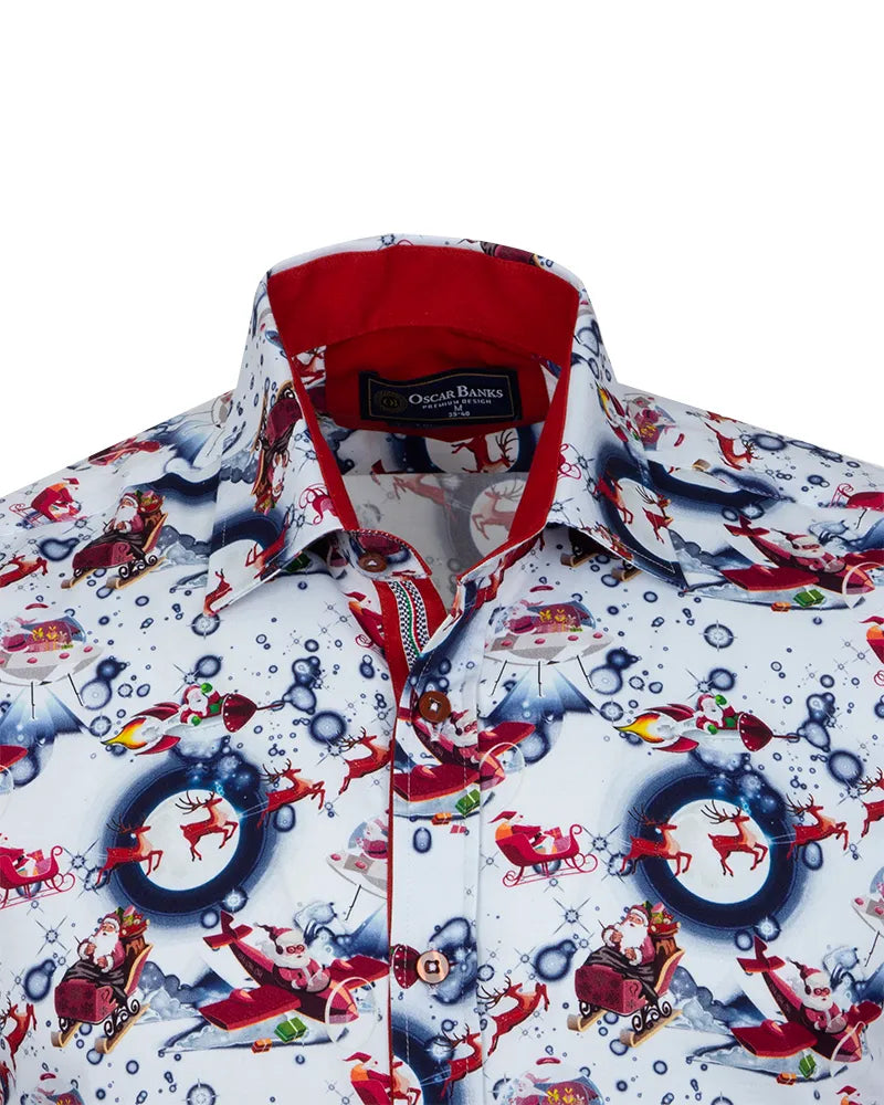 White Festive Santa Print Shirt with Matching Handkerchief-Makrom