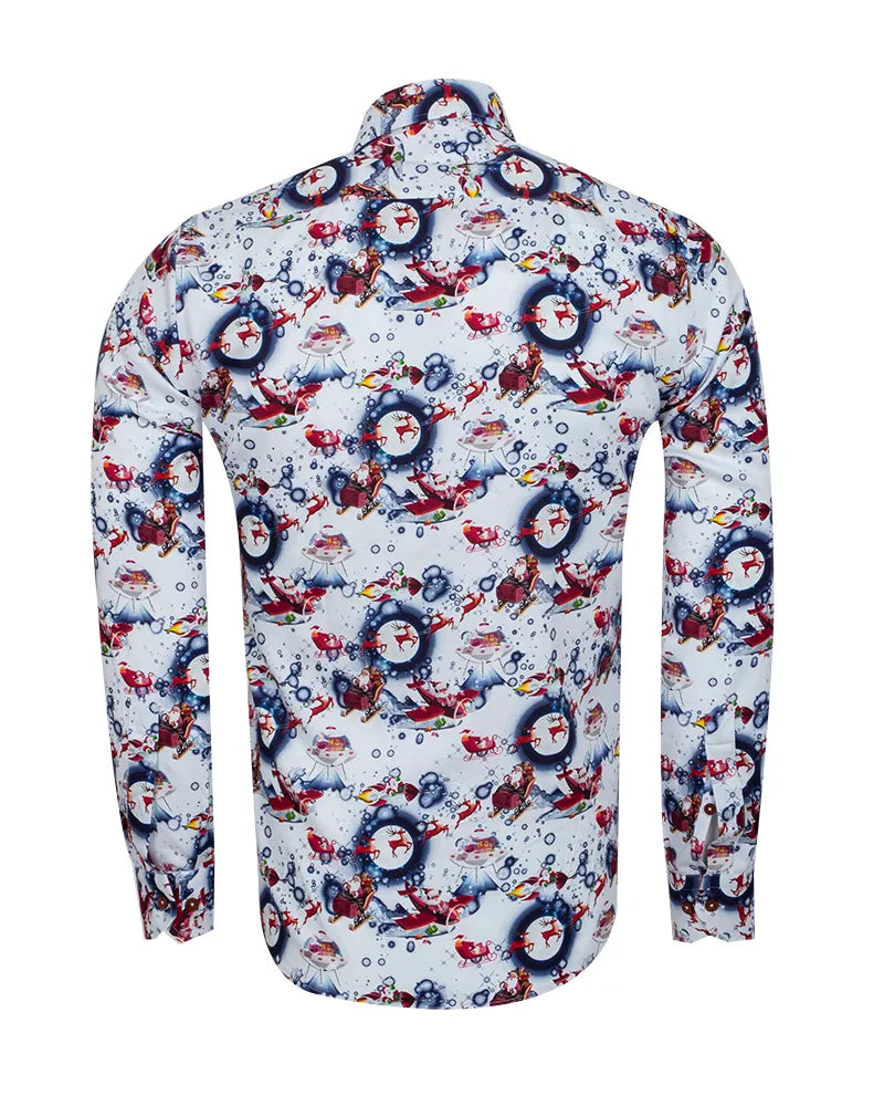 White Festive Santa Print Shirt with Matching Handkerchief-Makrom
