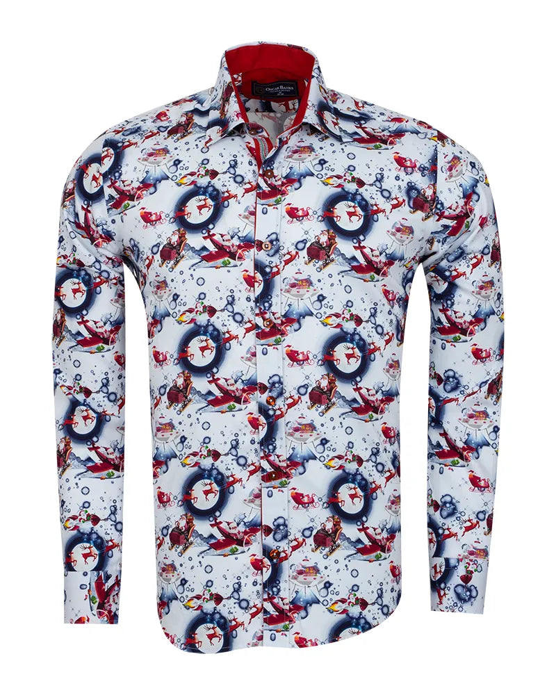 White Festive Santa Print Shirt with Matching Handkerchief-Makrom
