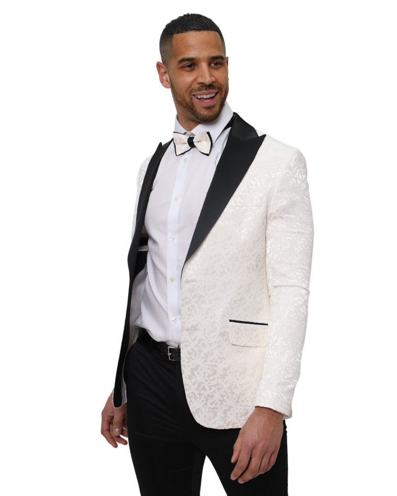 White Floral Blazer with Contrasting Lapel-Makrom