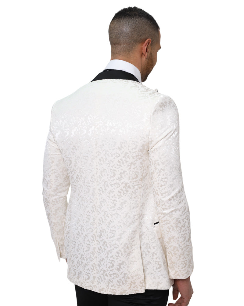 White Floral Blazer with Contrasting Lapel-Makrom