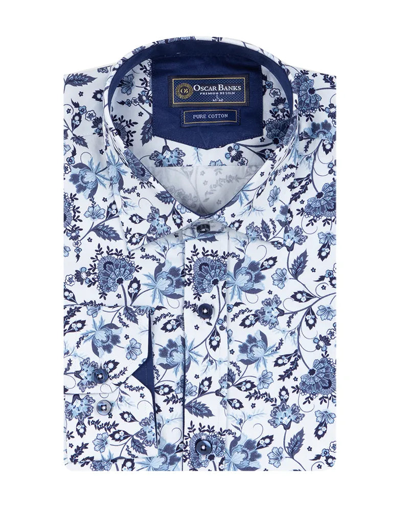 White Floral Print Shirt with Matching Handkerchief-Makrom