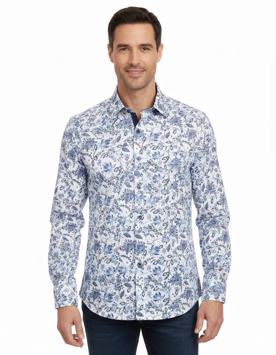 White Floral Print Shirt with Matching Handkerchief-Makrom