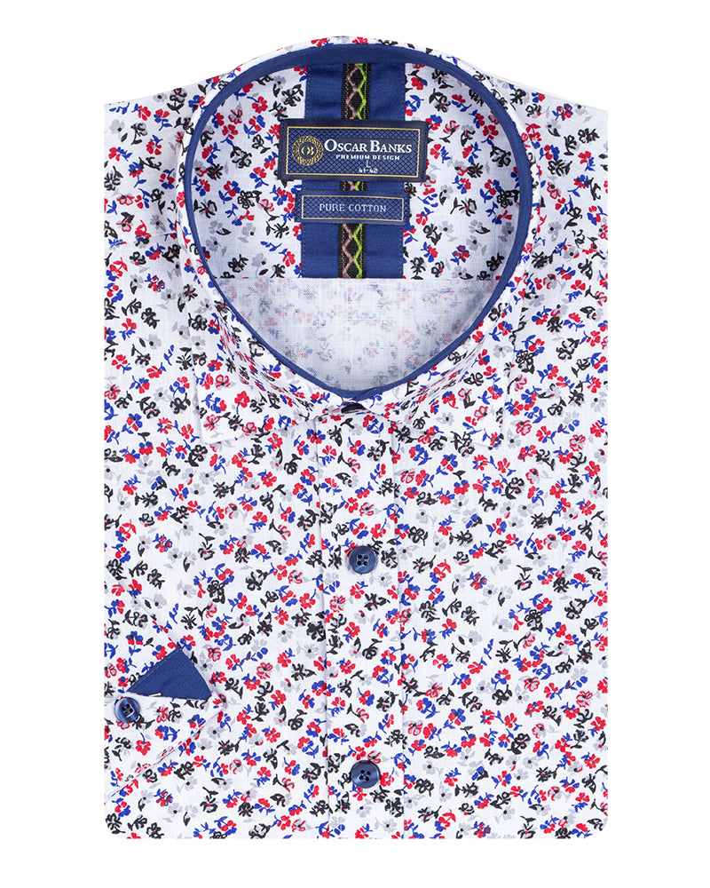 White Floral Print Short Sleeve Shirt-Makrom