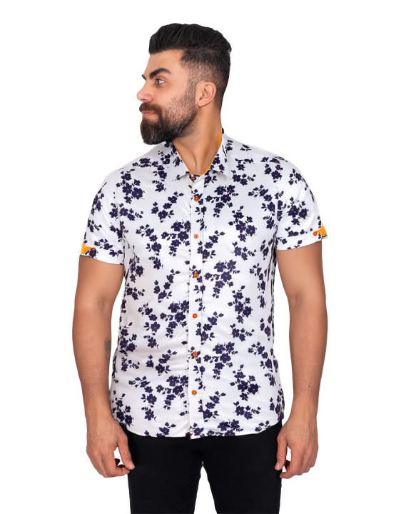 White Floral Print Short Sleeve Shirt-Makrom