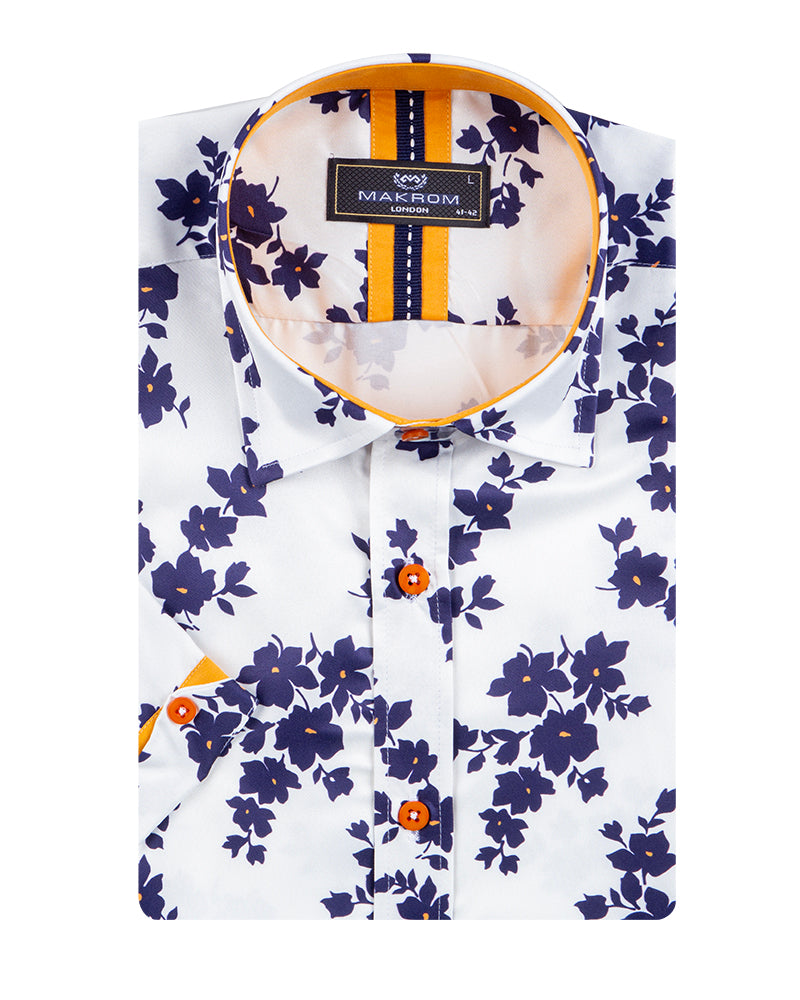 White Floral Print Short Sleeve Shirt-Makrom