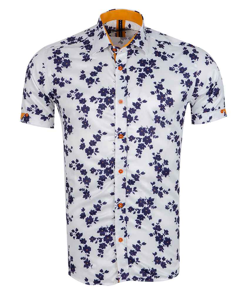 White Floral Print Short Sleeve Shirt-Makrom