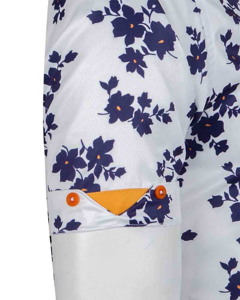 White Floral Print Short Sleeve Shirt-Makrom