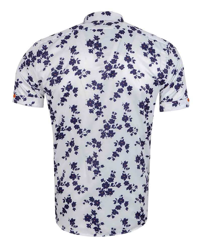 White Floral Print Short Sleeve Shirt-Makrom
