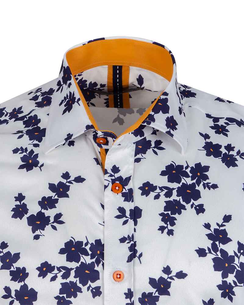 White Floral Print Short Sleeve Shirt-Makrom