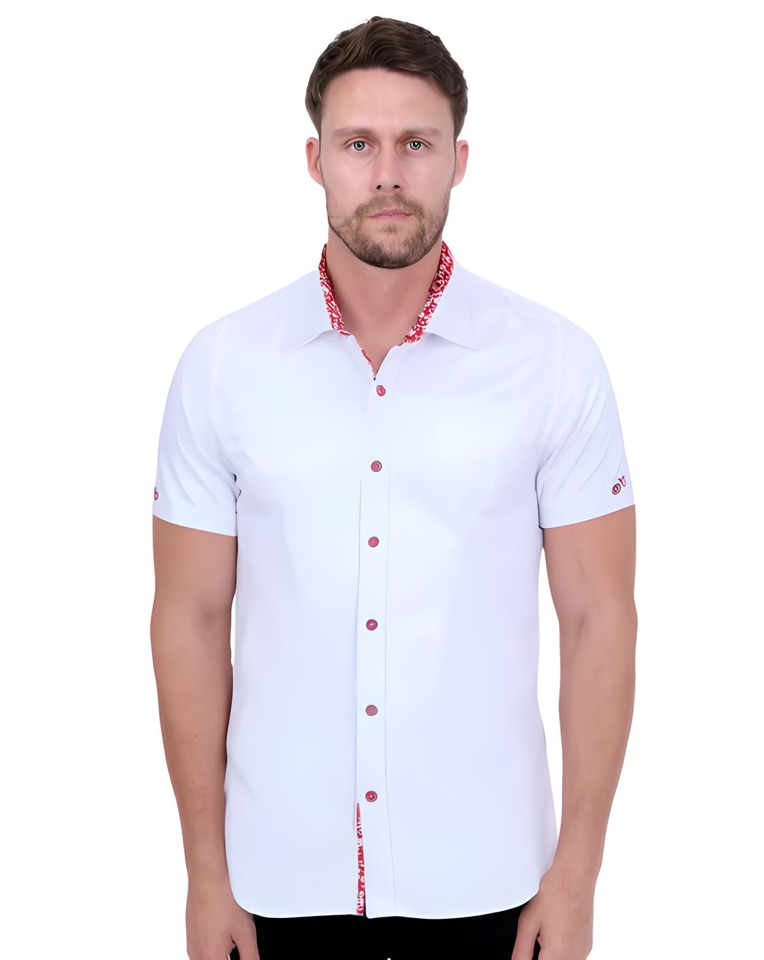 White Flower Insert Detail Short Sleeve Shirt-Makrom