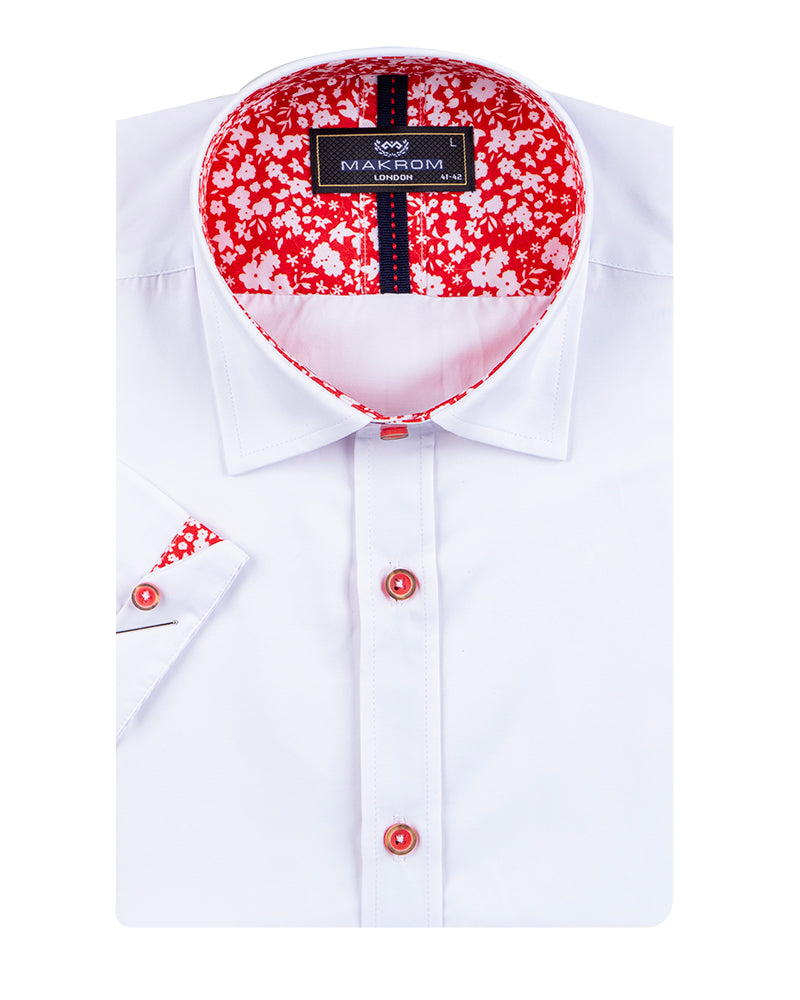White Flower Insert Detail Short Sleeve Shirt-Makrom