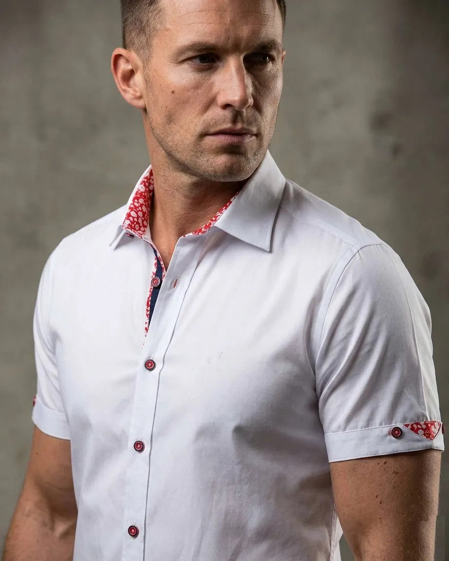 White Flower Insert Detail Short Sleeve Shirt