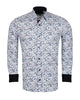 Floral patterned shirt with black cuffs and collar on a white background