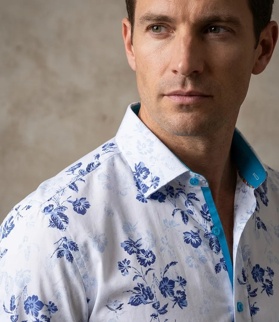 White Flower Print Shirt with Matching Handkerchief
