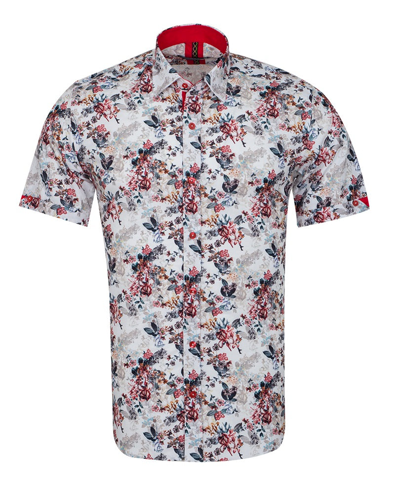 White Flower Print Short Sleeve Shirt-Makrom