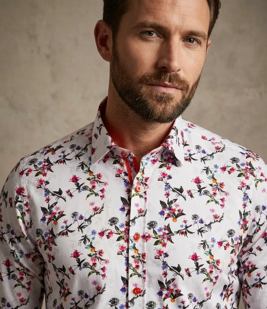 White Flowers Print Shirt with Matching Handkerchief