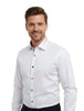 White Formal Shirt with Vibrant Stripe Detail and Contrast Buttons-Makrom