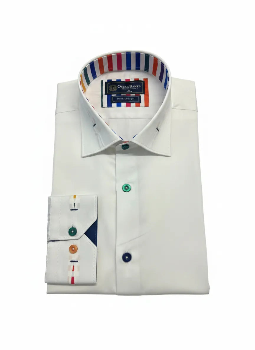 White Formal Shirt with Vibrant Stripe Detail and Contrast Buttons-Makrom