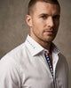 White Formal Shirt with Vibrant Stripe Detail and Contrast Buttons