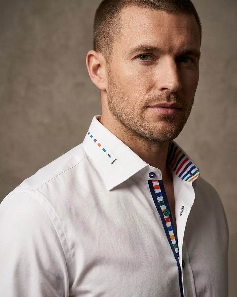 White Formal Shirt with Vibrant Stripe Detail and Contrast Buttons