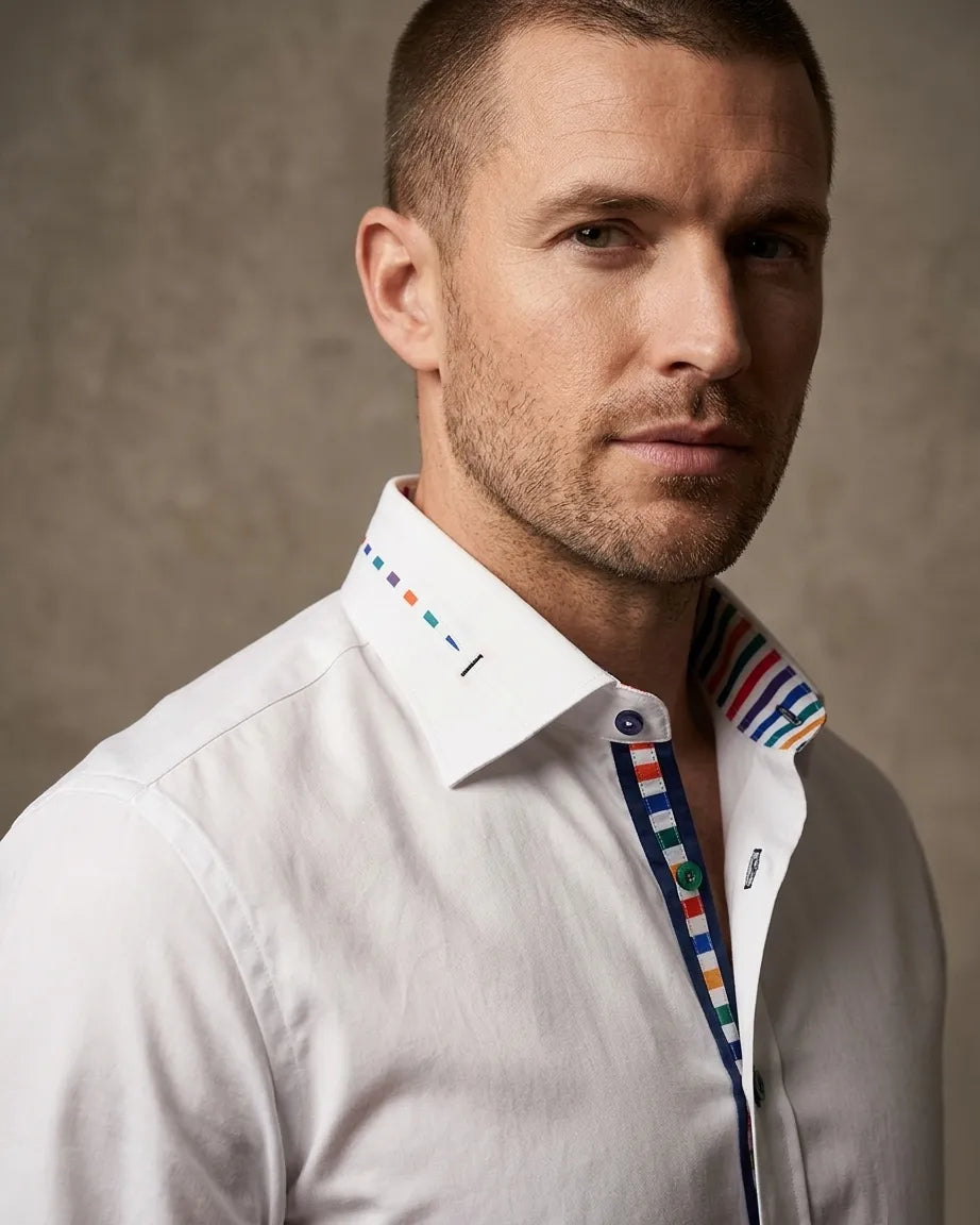 White Formal Shirt with Vibrant Stripe Detail and Contrast Buttons