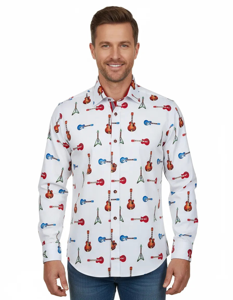 White Guitar Print Shirt with Matching Handkerchief-Makrom