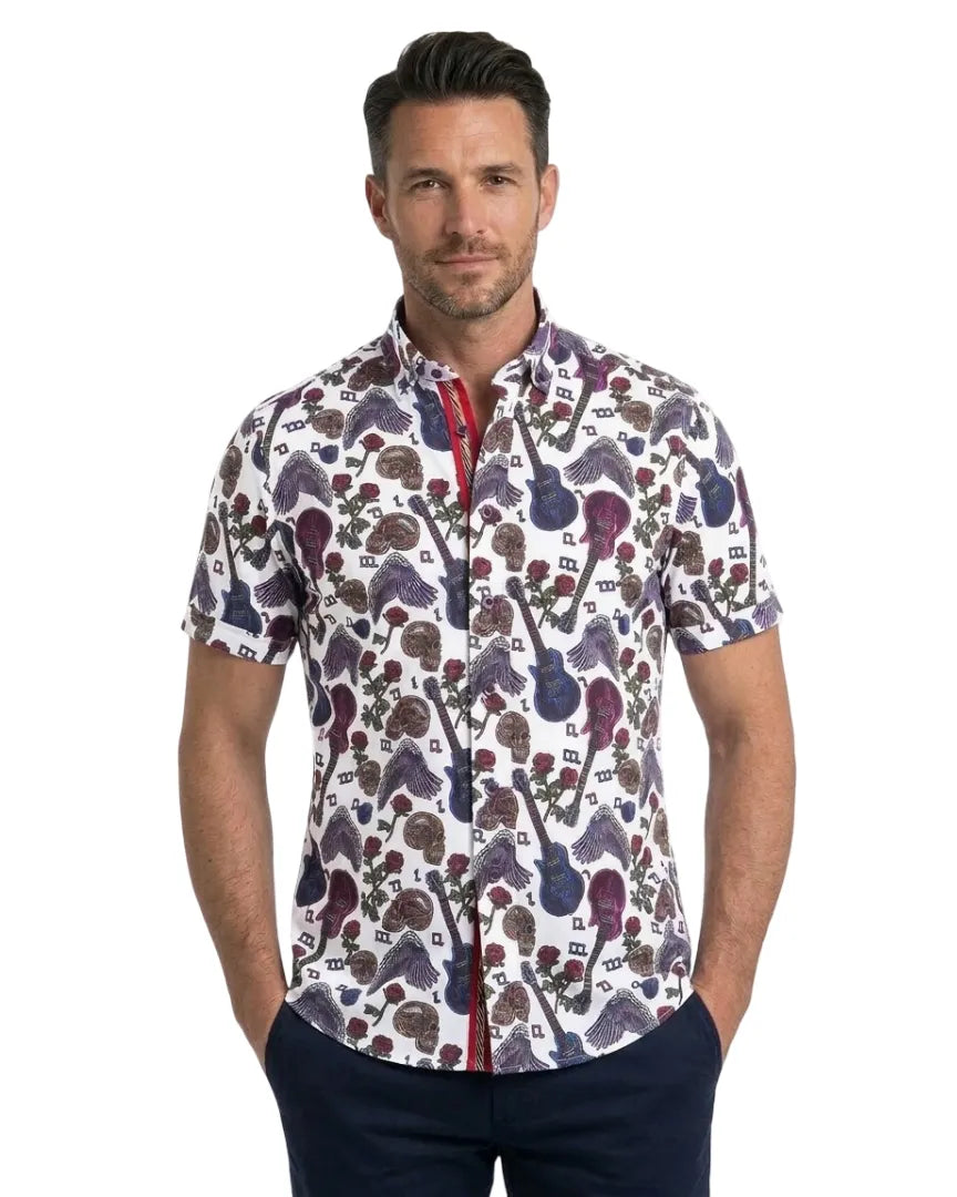 White Guitar and Skull Print Short Sleeve Shirt-Makrom