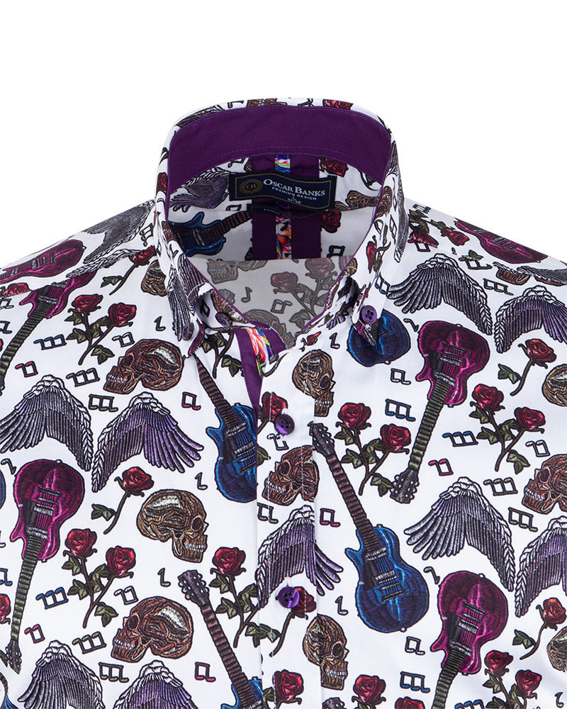 White Guitar and Skull Print Short Sleeve Shirt-Makrom