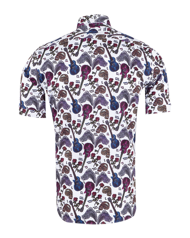 White Guitar and Skull Print Short Sleeve Shirt-Makrom