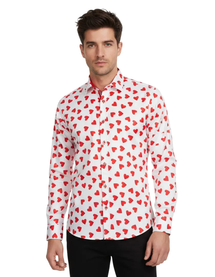 White Heart Print Long Sleeve Shirt-Makrom