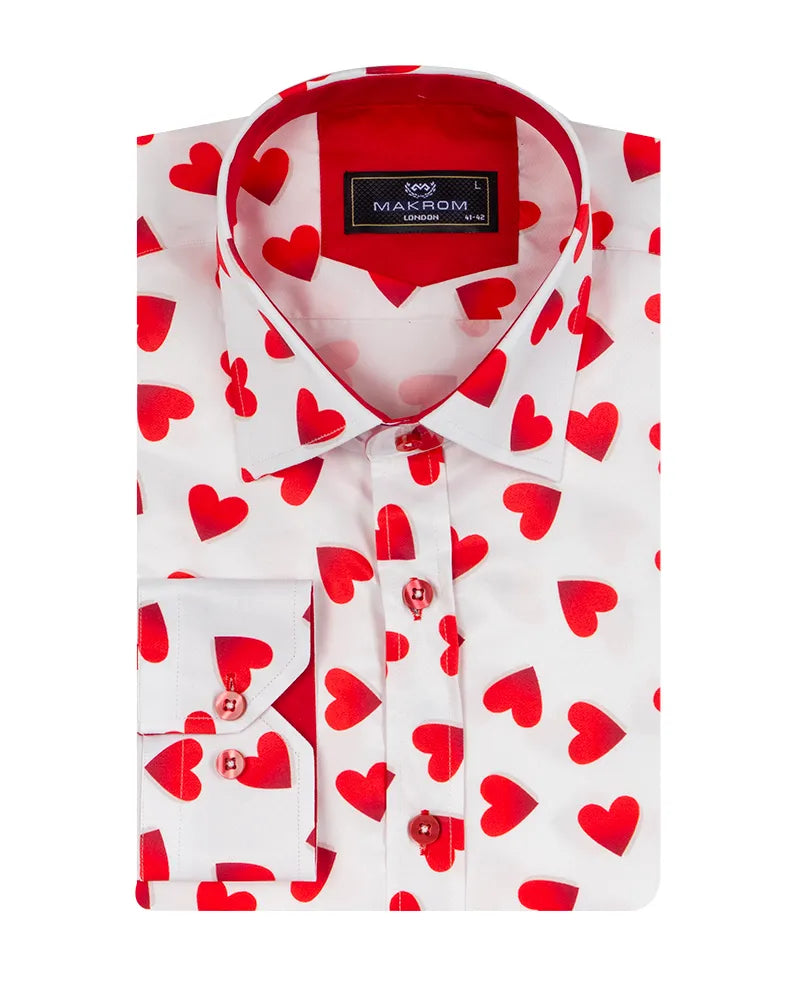 White Heart Print Long Sleeve Shirt-Makrom