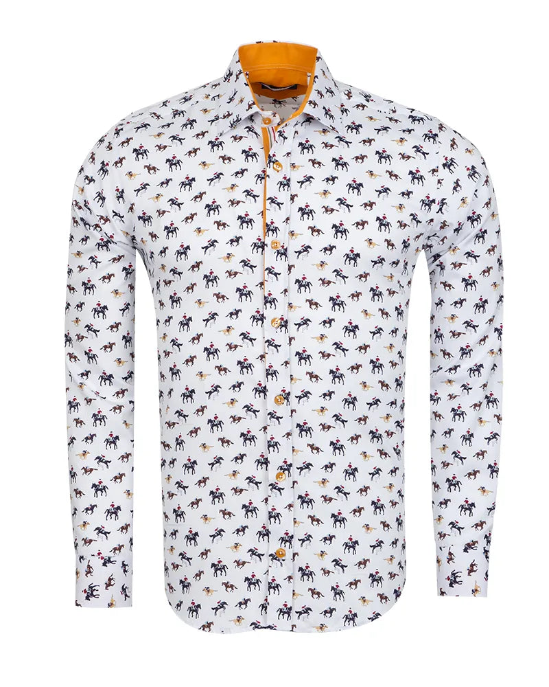 White Horse Print Shirt with Matching Handkerchief-Makrom