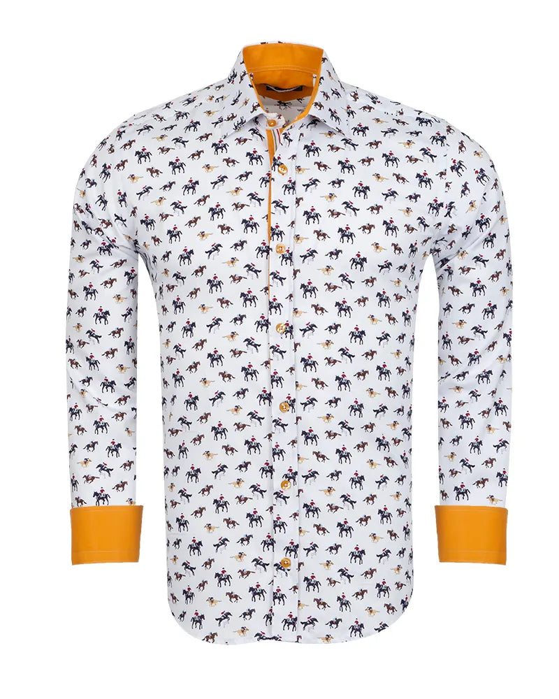 White Horse Print Shirt with Matching Handkerchief-Makrom