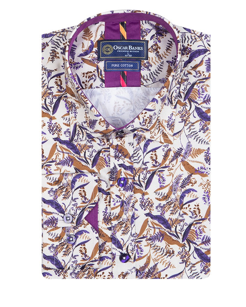 White Leaf Print Shirt with Matching Handkerchief-Makrom