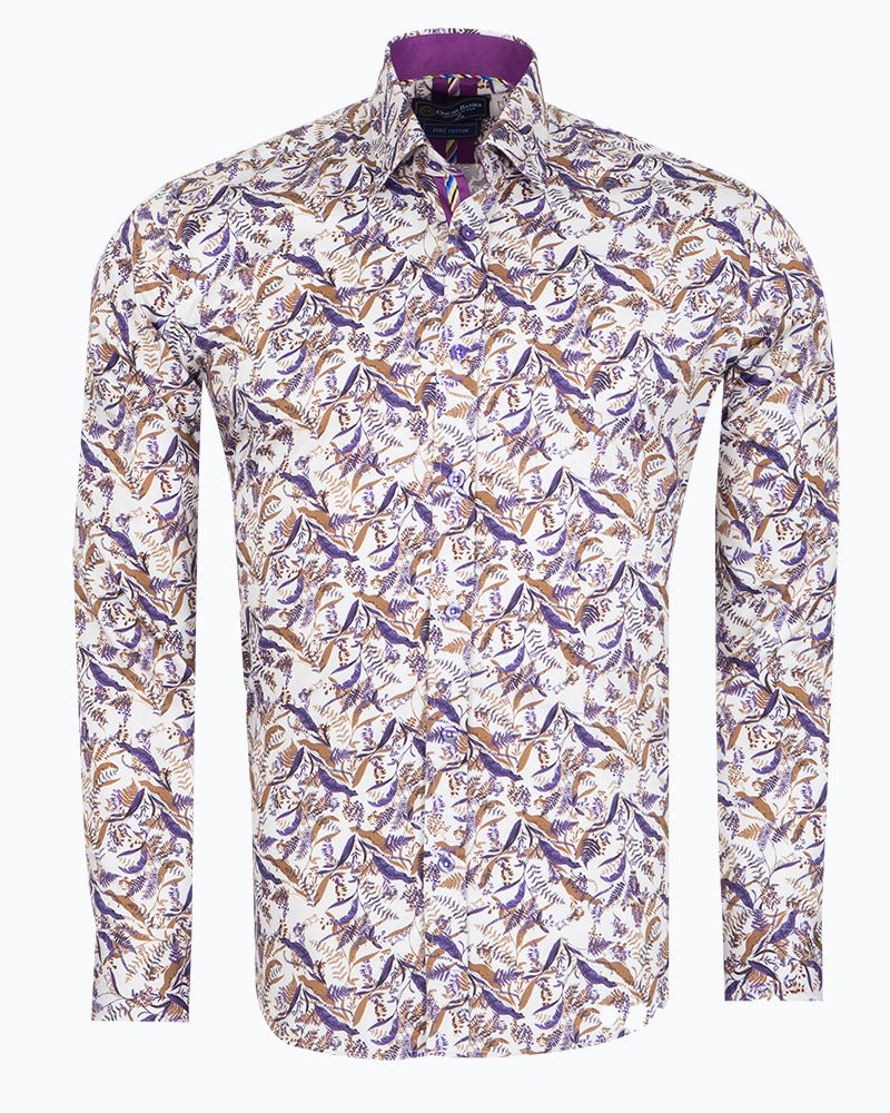 White Leaf Print Shirt with Matching Handkerchief-Makrom