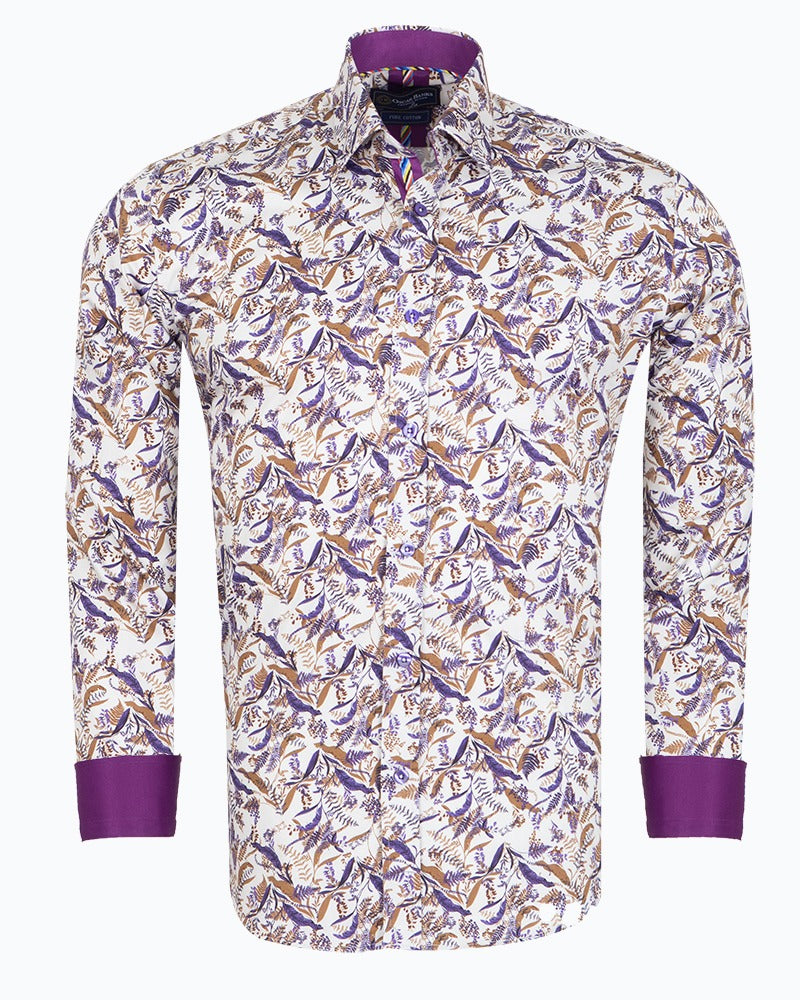 White Leaf Print Shirt with Matching Handkerchief-Makrom
