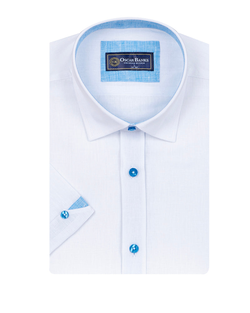 White Linen Plain Short Sleeve Shirt-Makrom